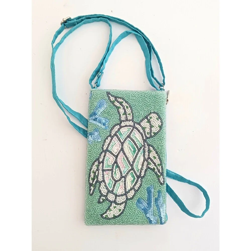 NEW Bamboo Trading Co Beaded Sea Turtle Club Bag Crossbody Cell Phone 8X5 - Picture 1 of 7